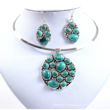 Turquoise Imitation Stone Full of Round Pendant Necklace Set (XJW12597)